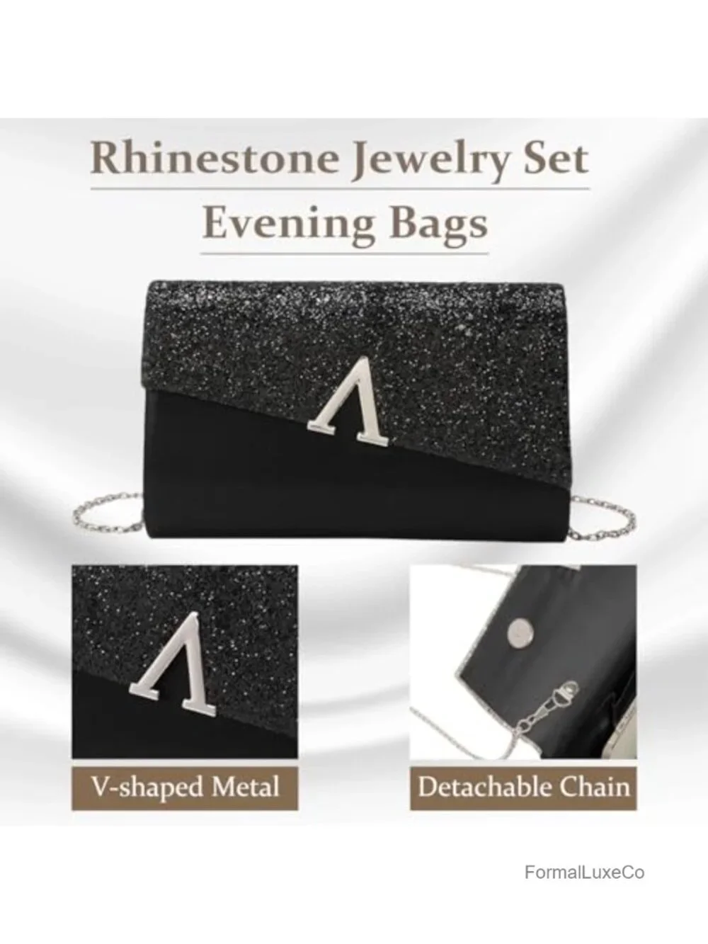 Evening Clutch Purse with Rhinestone Jewelry Set - Wedding Party Bag
